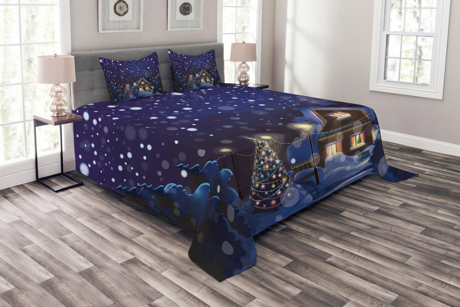 King White Quilted Bedspread Set with Winter Night Design