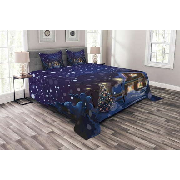 Ambesonne Christmas Quilted Bedspread Set 3 Pcs, Winter Night House, King Size, Navy Blue Yellow