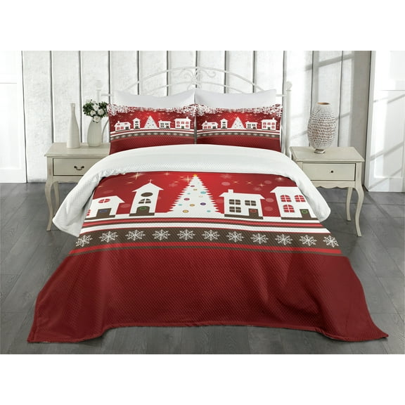 Ambesonne Christmas Quilted Bedspread Set 3 Pcs, Winter Theme Tree, King Size, White Red