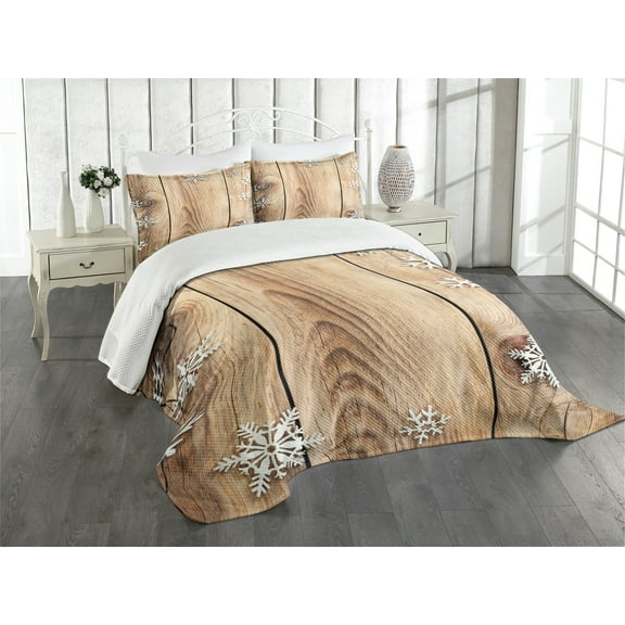 Ambesonne Christmas Quilted Bedspread Set 3 Pcs, Wood Plank Snowflakes, King Size, Brown Pale Brown White
