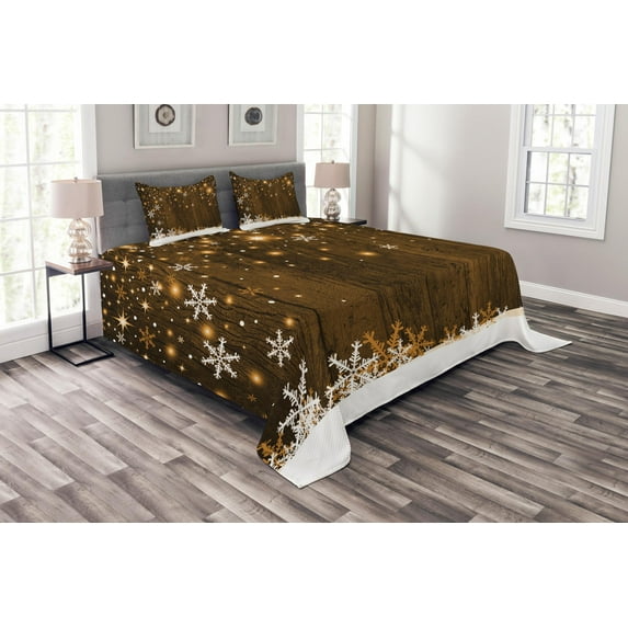 Ambesonne Christmas Quilted Bedspread Set 3 Pcs, Wood and Snowflakes, Queen Size, Brown White