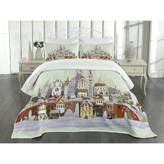 Ambesonne Christmas Quilted Bedspread Set 3 Pcs, Xmas City Holiday, Queen Size, Pale Green Lavender