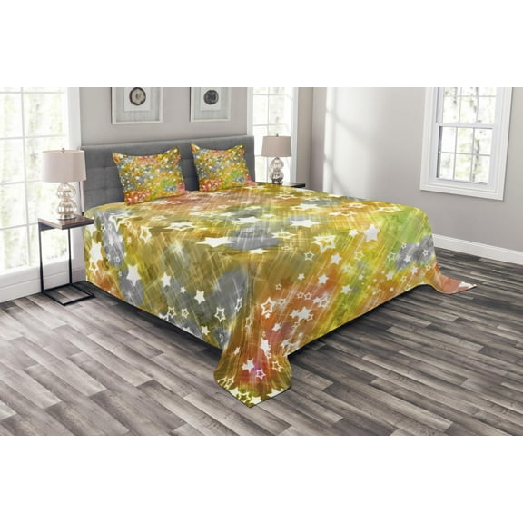 Ambesonne Christmas Quilted Bedspread Set 3 Pcs, Xmas Grunge Stars, King Size, Multicolor