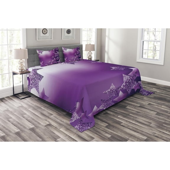 Ambesonne Christmas Quilted Bedspread Set 3 Pcs, Xmas Stars Backdrop, King Size, Purple