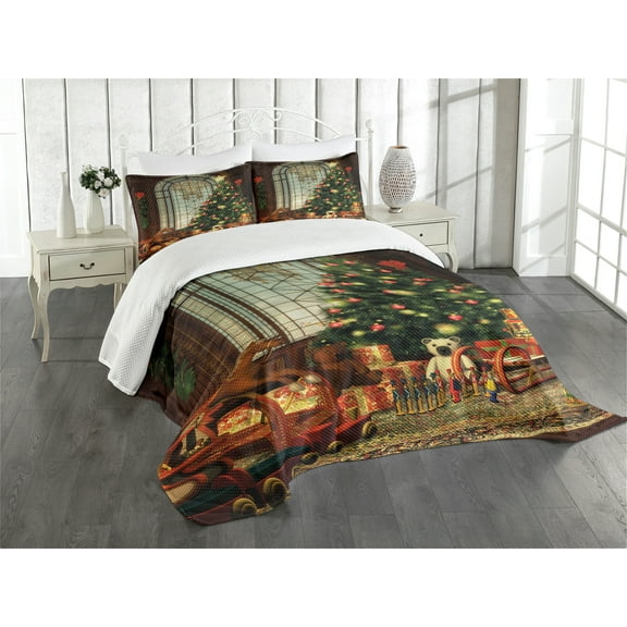 Ambesonne Christmas Quilted Bedspread Set 3 Pcs, Xmas Tree, King Size, Brown Red Green