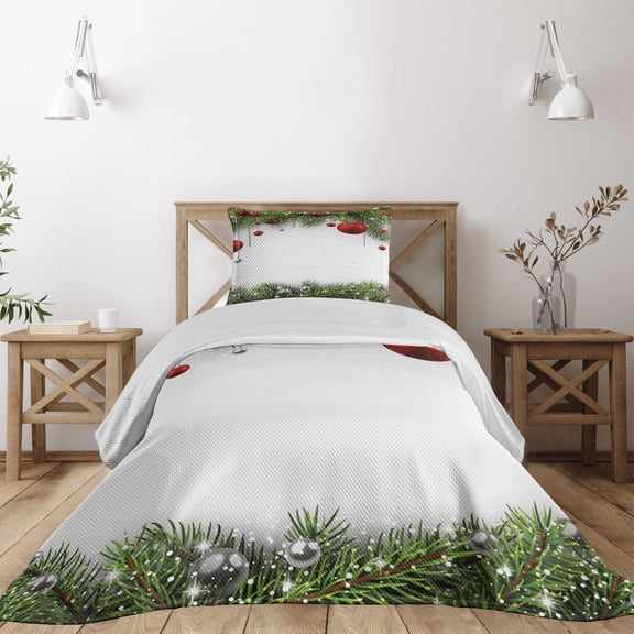 Ambesonne Christmas Quilted Coverlet 2 Pcs, Baulbes Noel Tree, Twin Size, Multicolor