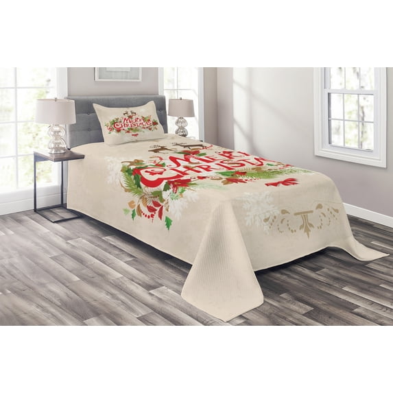 Ambesonne Christmas Quilted Coverlet 2 Pcs, Floral Merry Xmas, Twin Size, Green Red Tan