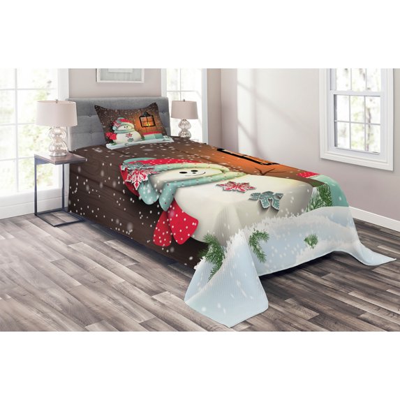 Ambesonne Christmas Quilted Coverlet 2 Pcs, Garden with Gift Box, Twin Size, White Brown