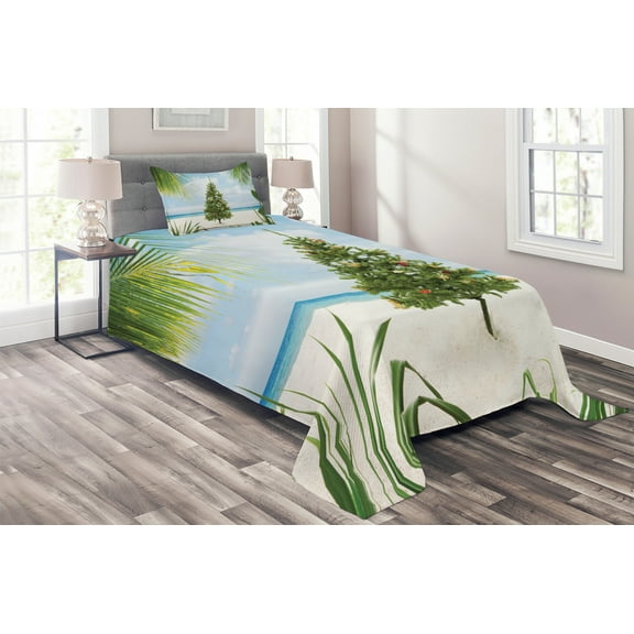 Ambesonne Christmas Quilted Coverlet 2 Pcs, Holiday Party Tree, Twin Size, Green Blue Cream