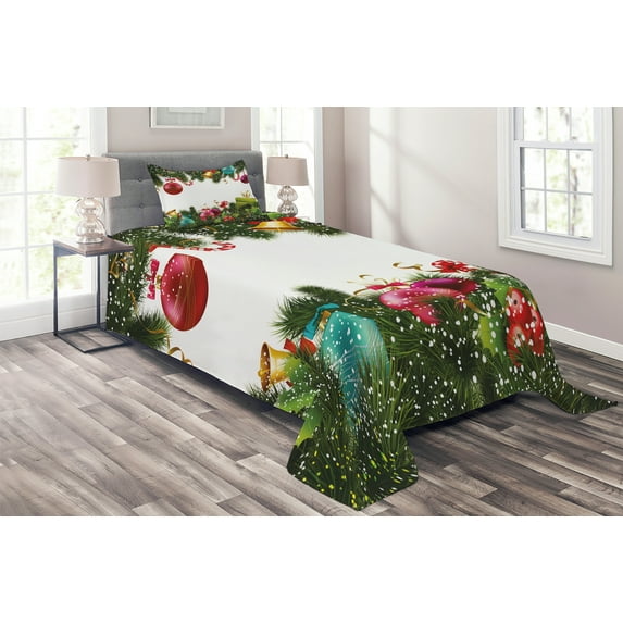 Ambesonne Christmas Quilted Coverlet 2 Pcs, New Year Greeting, Twin Size, Multicolor