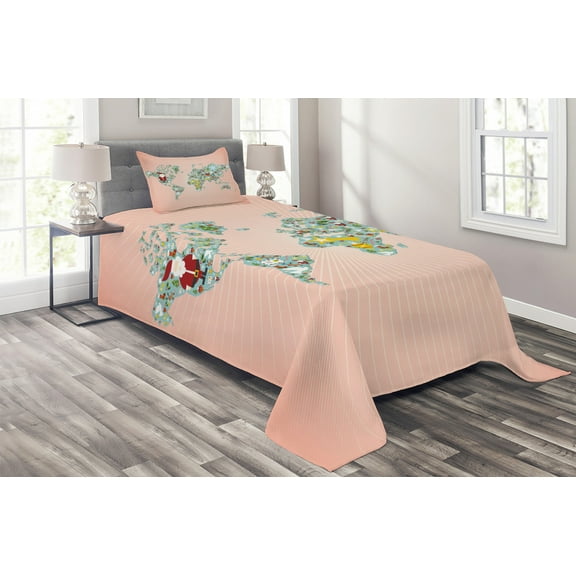 Ambesonne Christmas Quilted Coverlet 2 Pcs, Reindeers Santa Snow, Twin Size, Multicolor