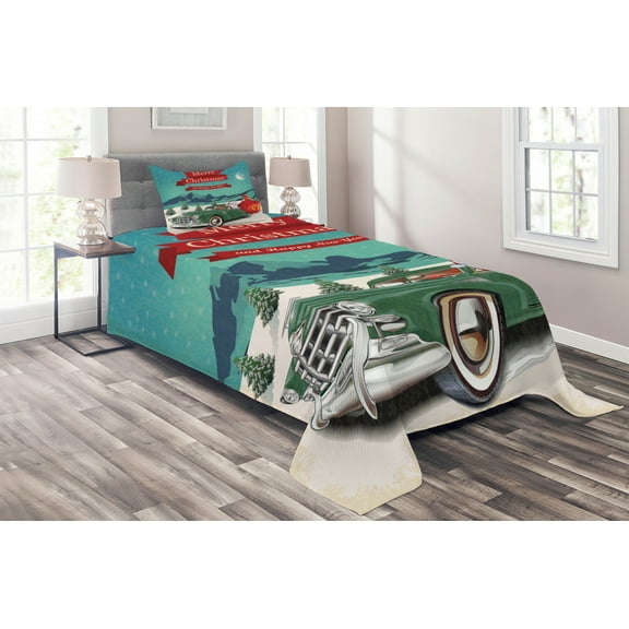 Ambesonne Christmas Quilted Coverlet 2 Pcs, Santa in Classic Car, Twin Size, Teal Red