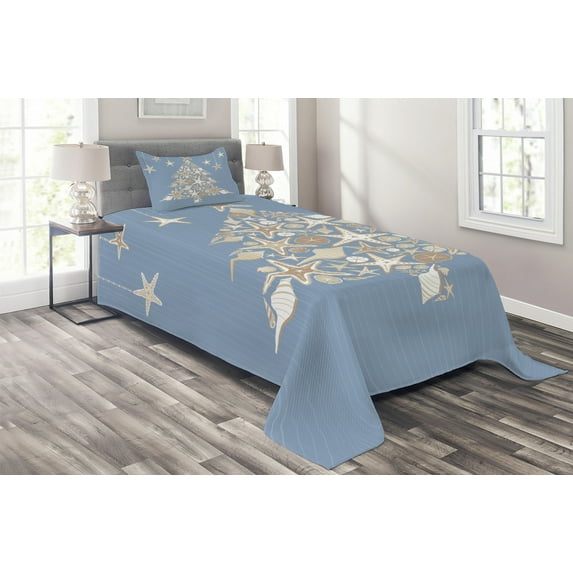 Ambesonne Christmas Quilted Coverlet 2 Pcs, Sea Life Theme Marine, Twin Size, Beige Cream