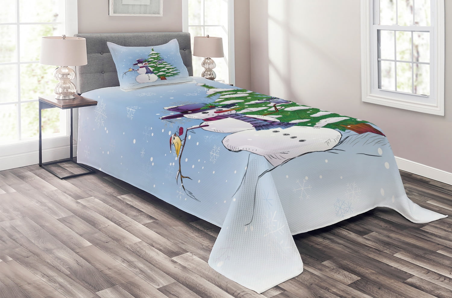 Blue Twin Microfiber Snowman Bedspread Set