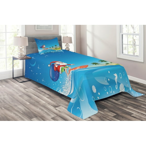 Ambesonne Christmas Quilted Coverlet 2 Pcs, Surfing Santa Beach, Twin Size, Multicolor