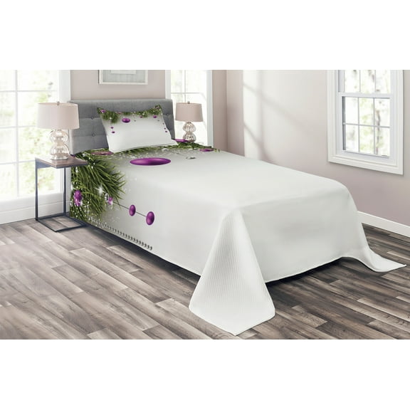 Ambesonne Christmas Quilted Coverlet 2 Pcs, Tree, Twin Size, Purple Grey Green