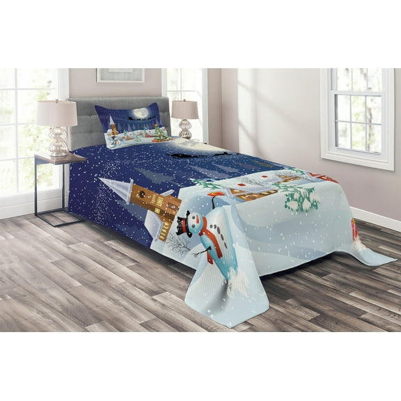 Ambesonne Christmas Quilted Coverlet 2 Pcs, Winter Landscape, Twin Size, White Blue