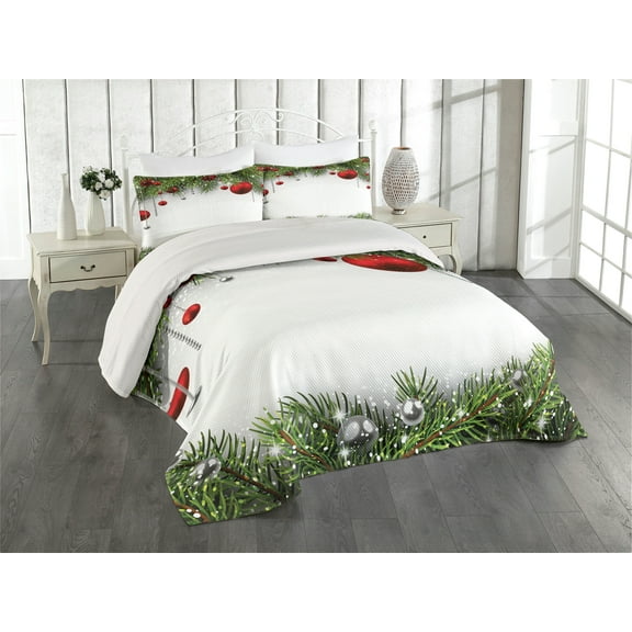 Ambesonne Christmas Quilted Coverlet 3 Pcs, Baulbes Noel Tree, King Size, Multicolor
