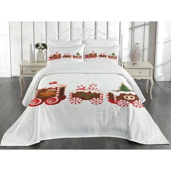 Ambesonne Christmas Quilted Coverlet 3 Pcs, Gingerbread Train, Queen Size, White Brown Vermilion
