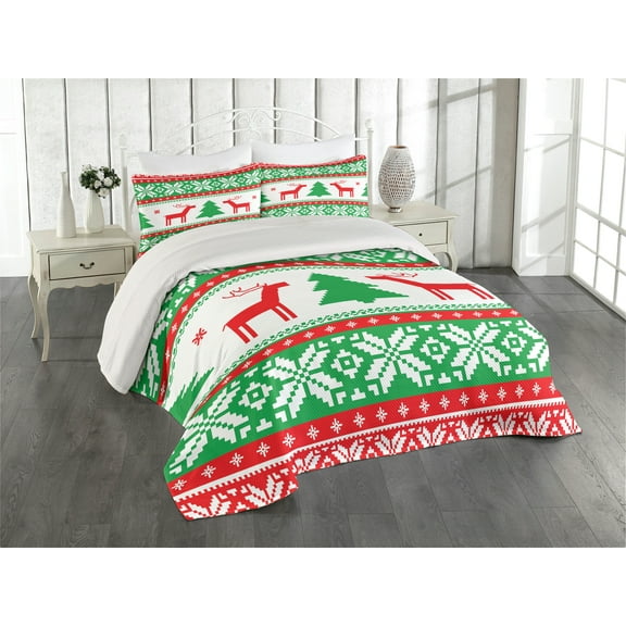Ambesonne Christmas Quilted Coverlet 3 Pcs, Holiday Season Deer, King Size, Red Green White