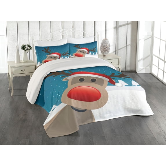 Ambesonne Christmas Quilted Coverlet 3 Pcs, Noel Fun Cartoon, Queen Size, Red Brown Navy