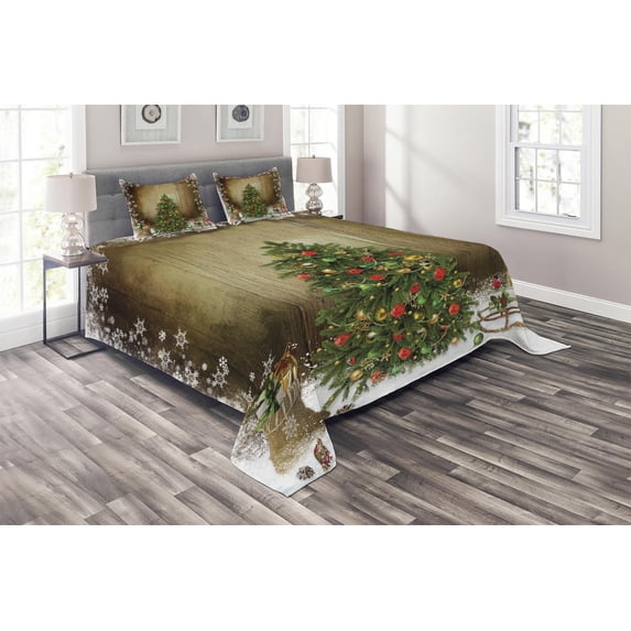 Ambesonne Christmas Quilted Coverlet 3 Pcs, Pine Tree Presents, Queen Size, Multicolor
