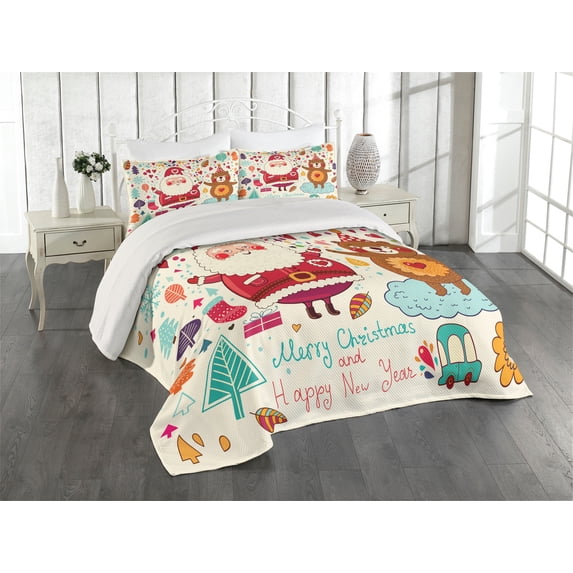 Ambesonne Christmas Quilted Coverlet 3 Pcs, Santa and Teddy Bear, Queen Size, Multicolor