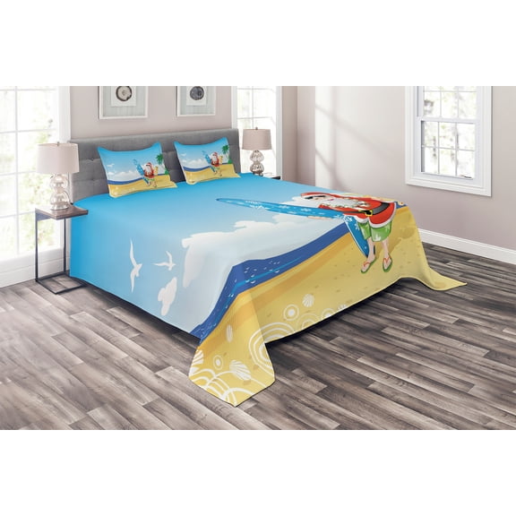 Ambesonne Christmas Quilted Coverlet 3 Pcs, Santa on Beach Surf, King Size, Blue Yellow