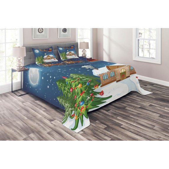 Ambesonne Christmas Quilted Coverlet 3 Pcs, Santa with Rudolf, King Size, Multicolor