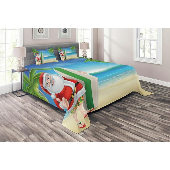 Ambesonne Christmas Quilted Coverlet 3 Pcs, Santa with Surfboard, Queen Size, Blue Green