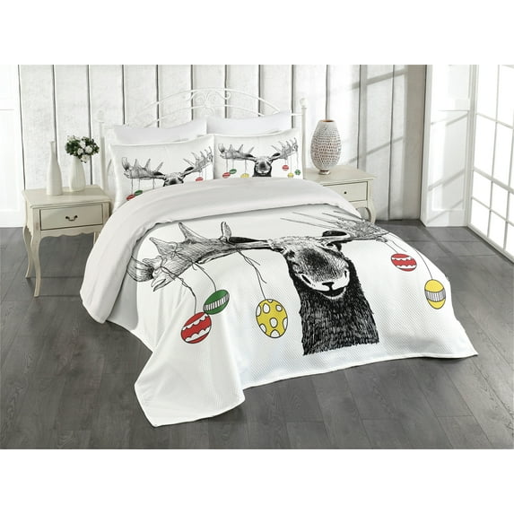 Ambesonne Christmas Quilted Coverlet 3 Pcs, Sketchy Noel Ornament, King Size, Multicolor