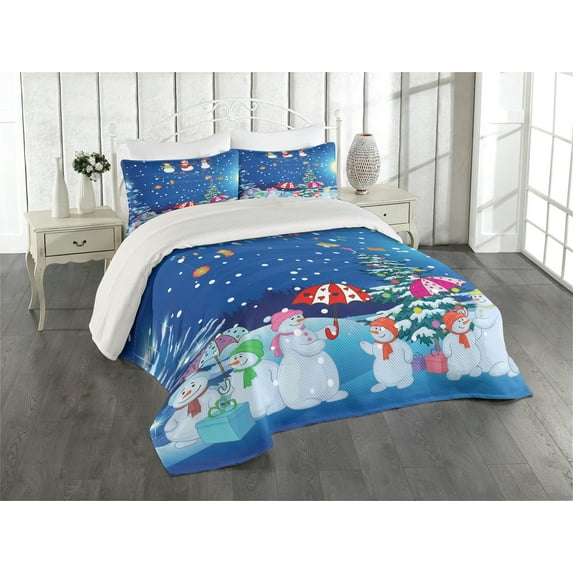 Ambesonne Christmas Quilted Coverlet 3 Pcs, Snowman Party, Queen Size, Multicolor