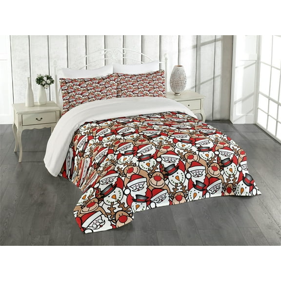 Ambesonne Christmas Quilted Coverlet 3 Pcs, Snowman Reindeer, King Size, Pale Brown White and Red