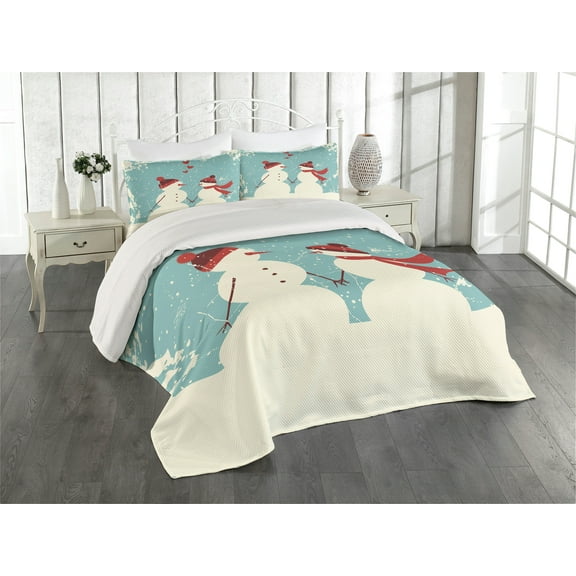 Ambesonne Christmas Quilted Coverlet 3 Pcs, Snowman Woman Love, King Size, Seafoam Red Cream