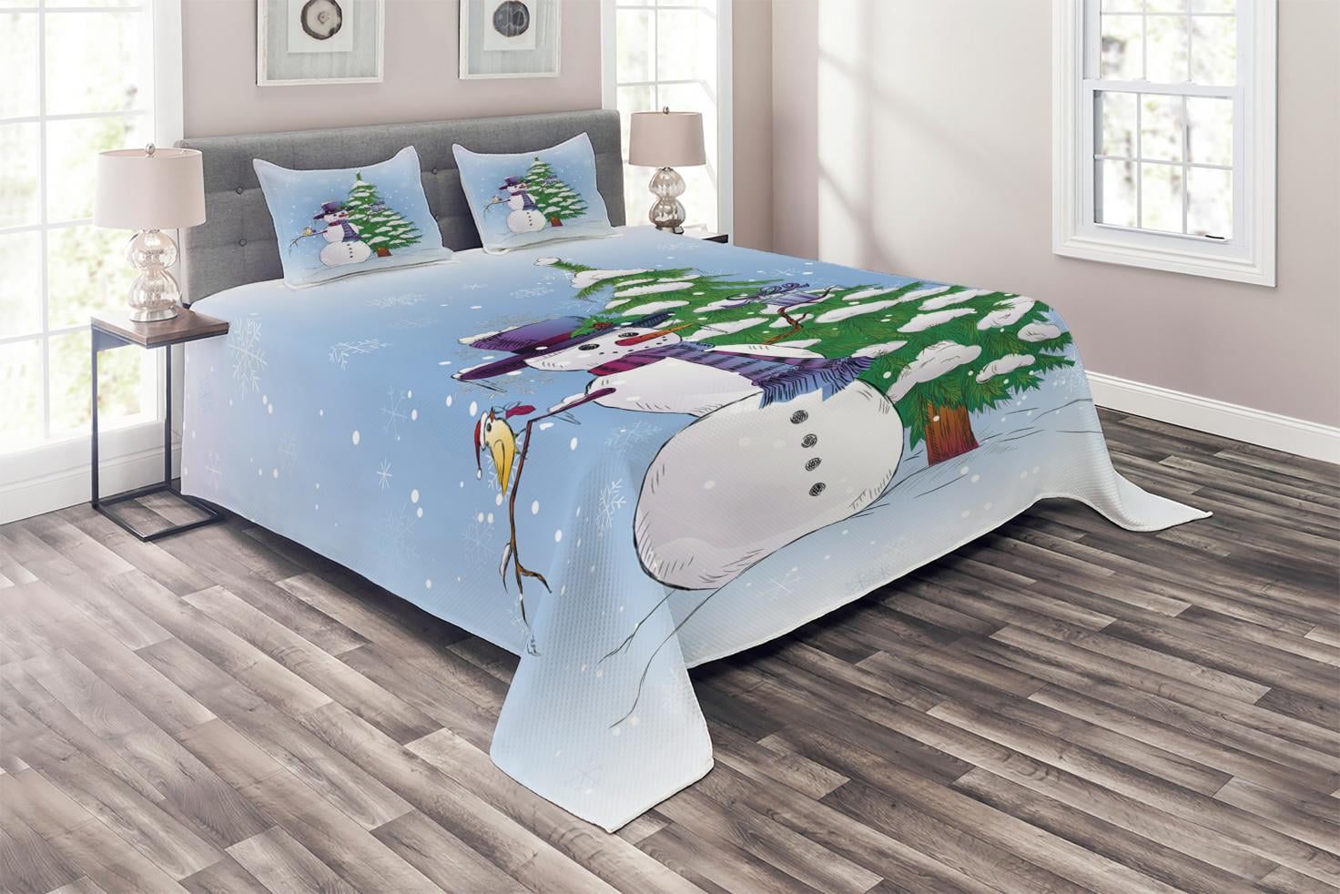 Blue Quilted Snowman and Tree Queen Microfiber Bedspread Set
