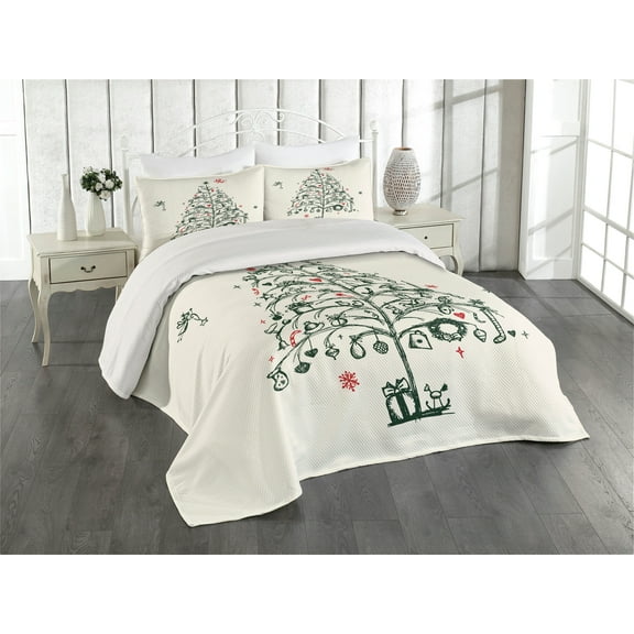 Ambesonne Christmas Quilted Coverlet 3 Pcs, Tree and Fairies, King Size, Red and Green