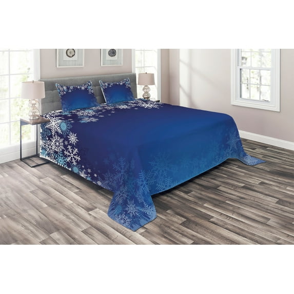 Ambesonne Christmas Quilted Coverlet 3 Pcs, Various Snowflakes, King Size, Pale Blue Navy Blue