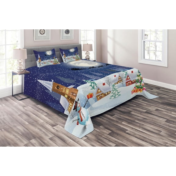 Ambesonne Christmas Quilted Coverlet 3 Pcs, Winter Landscape, King Size, White Blue