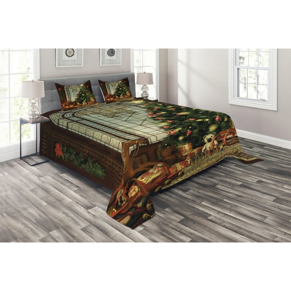 Ambesonne Christmas Quilted Coverlet 3 Pcs, Xmas Tree, Queen Size, Brown Red Green