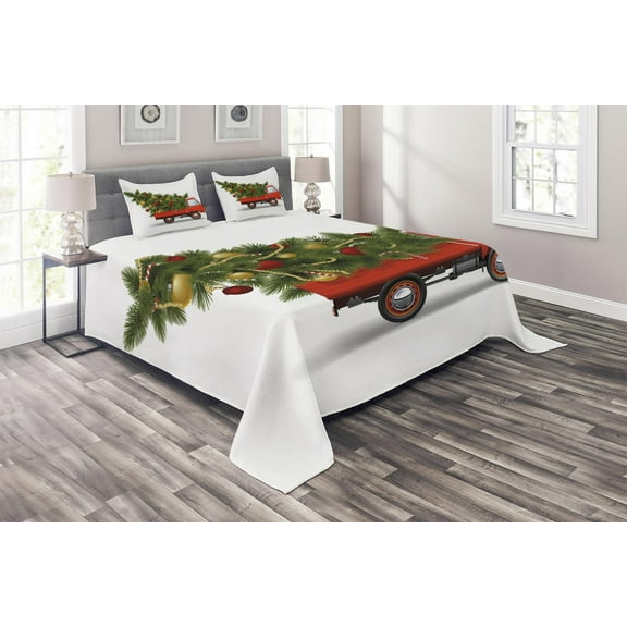 Ambesonne Christmas Quilted Coverlet 3 Pcs, Xmas Truck and Tree, Queen Size, White Red Green