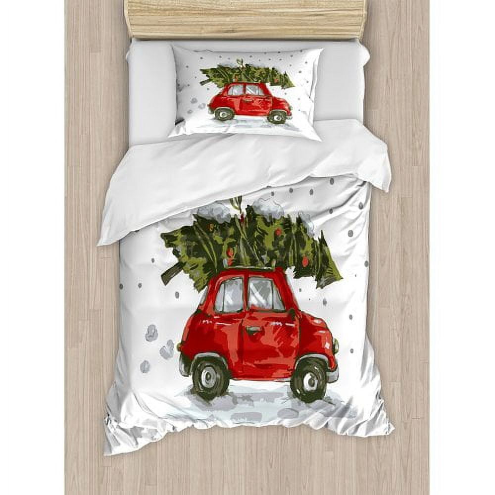 Twin Christmas Red Car and Tree Microfiber Duvet Set