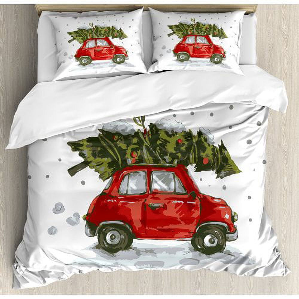 Christmas Red Car and Tree Microfiber Duvet Cover Set