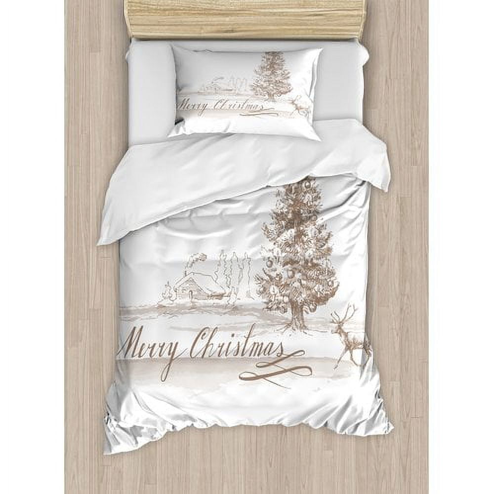 Twin White and Brown Christmas Duvet Cover Set