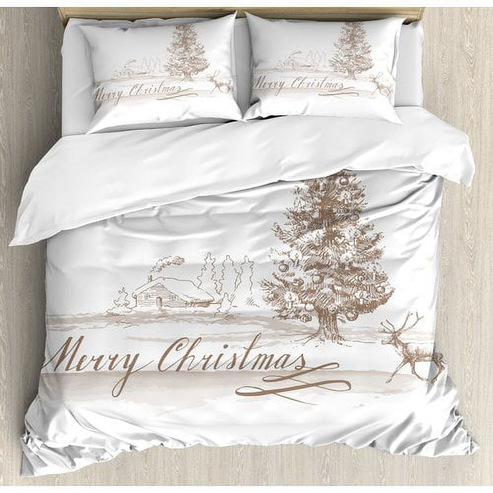 Queen White and Brown Christmas Duvet Cover Set