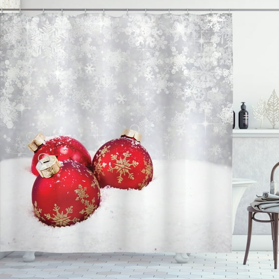 Ambesonne Christmas Shower Curtain, Baubles on Snowflake, 69"Wx75"L, Red White