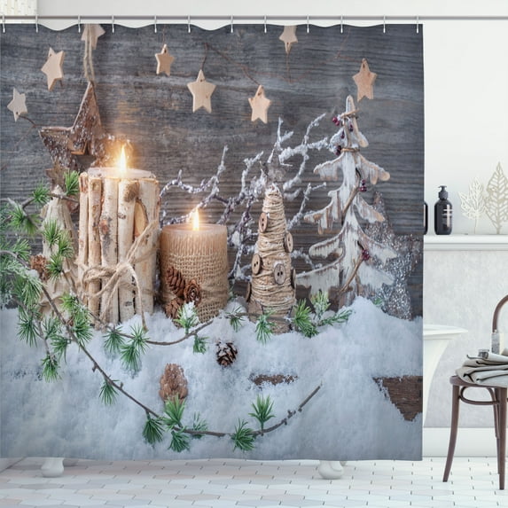 Ambesonne Christmas Shower Curtain, Candles with Snowman Art, 69"Wx84"L, White Brown