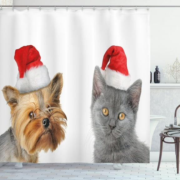 Ambesonne Christmas Shower Curtain, Cat Dog Xmas Hats, 69"Wx84"L, Orange Grey Red