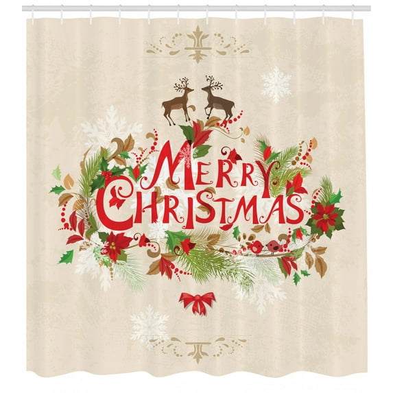 Ambesonne Christmas Shower Curtain, Floral Merry Xmas, 69"Wx75"L, Green Red Tan