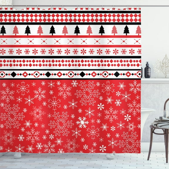 Ambesonne Christmas Shower Curtain, Geometric Snowflakes, 69"Wx70"L, Red White