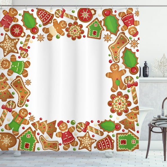 Ambesonne Christmas Shower Curtain, Gingerbread Biscuits, 69"Wx75"L, Green Brown and Red